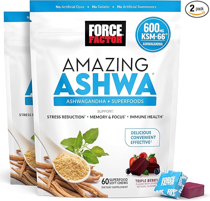FORCE FACTOR Amazing Ashwa for Stress Relief, Memory, Focus, and Immune Support Health, Ashwaganda Supplement with KSM-66 Ashwagandha for Stress, 120 Soft Chews