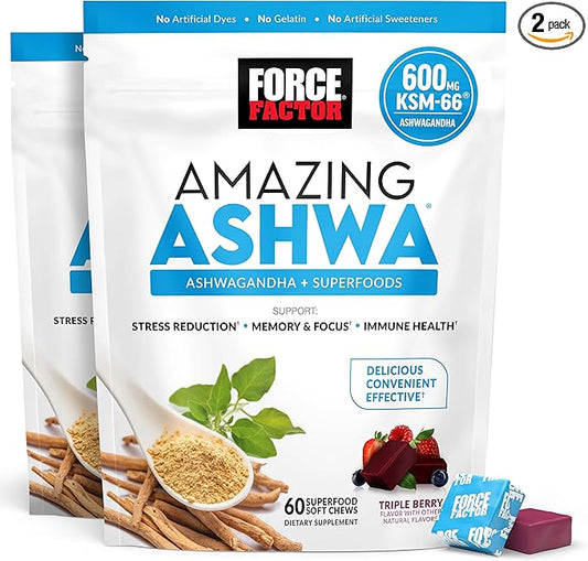 FORCE FACTOR Amazing Ashwa for Stress Relief, Memory, Focus, and Immune Support Health, Ashwaganda Supplement with KSM-66 Ashwagandha for Stress, 120 Soft Chews