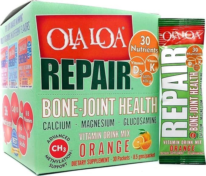 Ola Loa Repair Orange Multivitamin Drink Mix - Daily Bone & Joint Supplement, Calcium, Magnesium, Glucosamine, Anti-Aging Vitamin - Give Your Body The Nutrient Support it Deserves - 30 Packets (9oz)