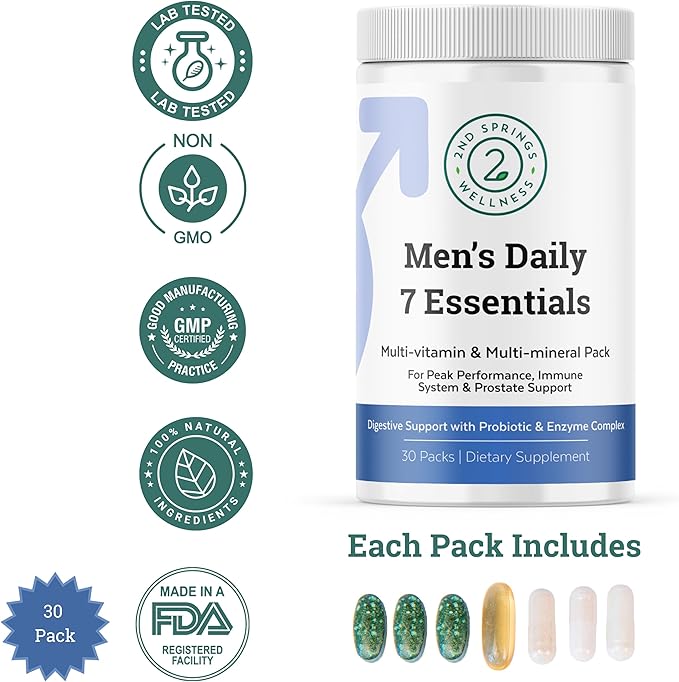 Daily 7 Essentials Men's Vitamin Pack - 7 Pack Adult Male Multivitamin & Multimineral Pack for Energy, Metabolism, Immune System Support, Prostate Support with Probiotic, Digestive Enzymes
