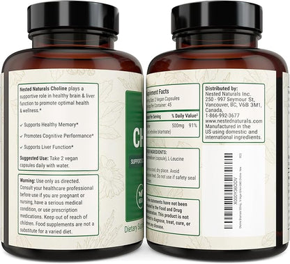 Nested Naturals Choline Bitartrate 500mg - High Potency Choline Supplements - Supports Cognitive Performance & Liver Function - 100% Vegan & Non-GMO Choline - 2-Pack (180 Vegan Capsules)