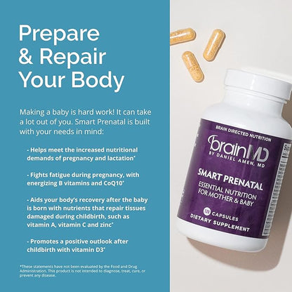 Dr Amen BrainMD Smart Prenatal - 120 Capsules - Multivitamin for Mom & Baby, Promotes Healthy Pregnancy & Growth & Development In Babies - Gluten-Free - 30 Servings