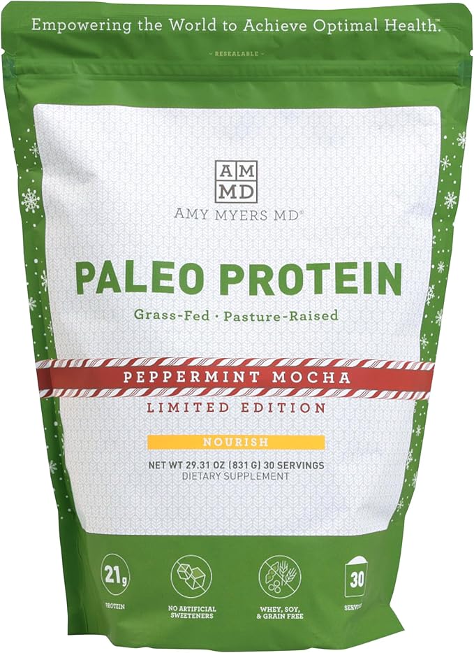 Amy Myers MD Pure Paleo Protein Powder - Clean Grass Fed Pasture Raised Protein - Hormone Free, Non-GMO, Gluten & Dairy Free - Perfect for Keto and Paleo - 29.31 Oz - Peppermint Mocha