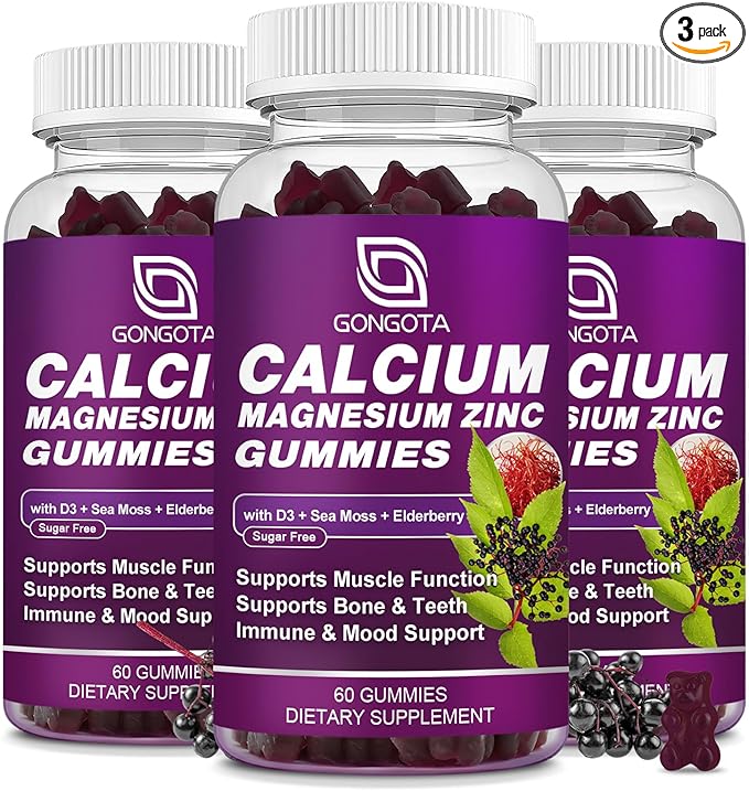 GONGOTA Calcium Magnesium Zinc with Vitamin D3 Supplement, Highly Absorbent Calcium Gummies with 300mg Magnesium glycinate Support Bone & Teeth, Muscle for Adults and Teens,Sugar Free, Vegan (3 Pack)