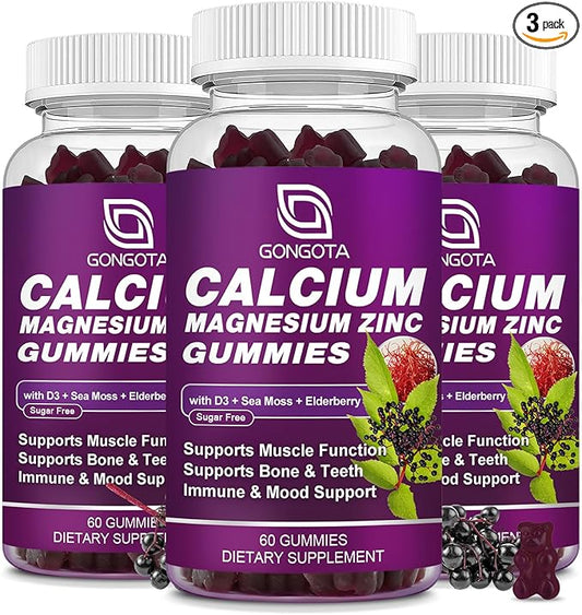 GONGOTA Calcium Magnesium Zinc with Vitamin D3 Supplement, Highly Absorbent Calcium Gummies with 300mg Magnesium glycinate Support Bone & Teeth, Muscle for Adults and Teens,Sugar Free, Vegan (3 Pack)