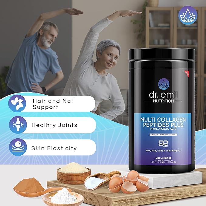 DR. EMIL NUTRITION Multi Collagen Peptides Powder - 20g of Unflavored Hydrolyzed Collagen Protein Powder with Hyaluronic Acid for Hair, Skin, Nails and Joints - 15 Servings