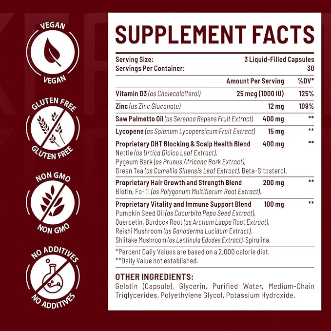 DHT Blocker for Men | Hair Growth Supplement with Saw Palmetto & Biotin - Hair Growth Vitamins - Hair Regrowth - Natural Hair Loss Supplements Liquid-Filled - Proprietary Herbal Blends (180 Capsules)