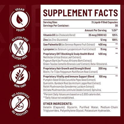 DHT Blocker for Men | Hair Growth Supplement with Saw Palmetto & Biotin - Hair Growth Vitamins - Hair Regrowth - Natural Hair Loss Supplements Liquid-Filled - Proprietary Herbal Blends (90 Capsules)