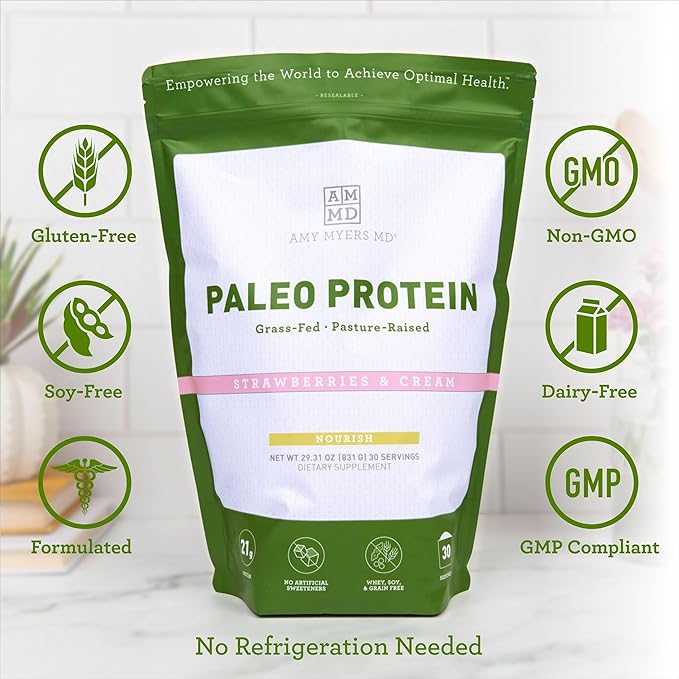 Amy Myers MD Pure Paleo Protein Powder - Clean Grass Fed Pasture Raised Protein - Hormone Free, Non-GMO, Gluten & Dairy Free - Perfect for Keto and Paleo - Strawberries & Cream -29.31 oz (831 g)