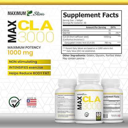 Maximum Slim MAX CLA 3000, High Potency, Natural Weight Loss Exercise Enhancement, Increase Lean Muscle Mass, Non-Stimulating, Non-GMO 95% Pure CLA, 90 Count