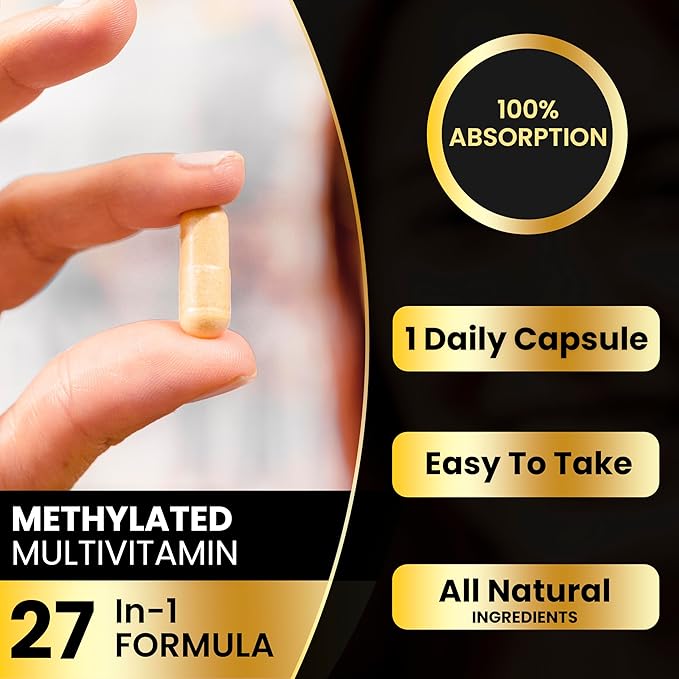 Methylated Multivitamin for Men and Women | Methyl B12, Methylfolate, 5-MTHF, Vegan, Iron-Free, Energy & Immune Support | 60 Vegetable Capsules | Manufactured in The USA