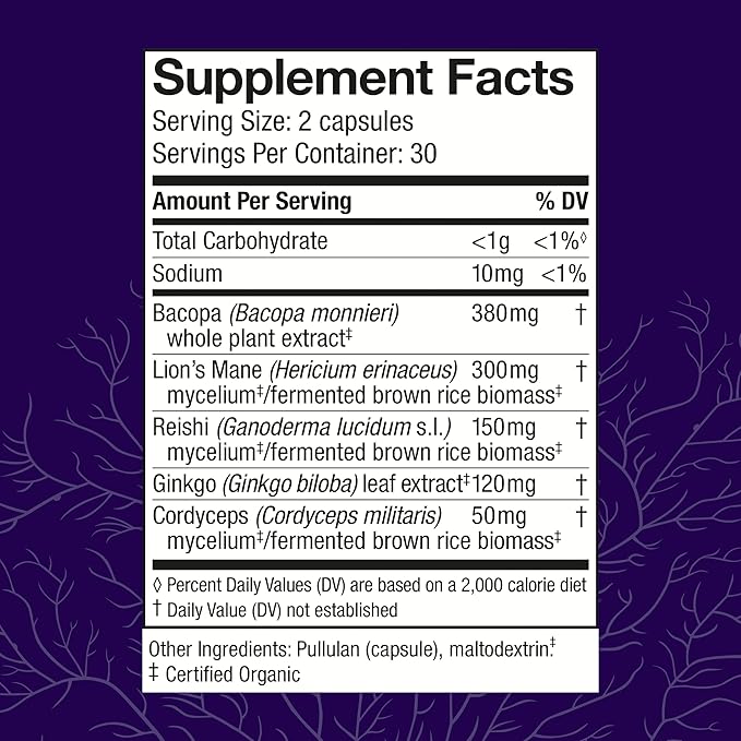 Host Defense MycoBotanicals Brain* Capsules - Brain Support Supplement with Lion's Mane, Reishi & Cordyceps Mushroom - Herbal Supplement for Memory & Focus Support - 60 Capsules (30 Servings)*