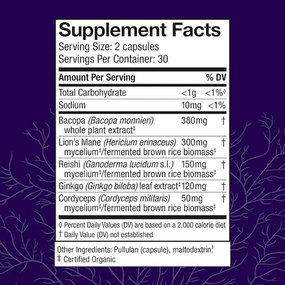 Host Defense MycoBotanicals Brain* Capsules - Brain Support Supplement with Lion's Mane, Reishi & Cordyceps Mushroom - Herbal Supplement for Memory & Focus Support - 60 Capsules (30 Servings)*