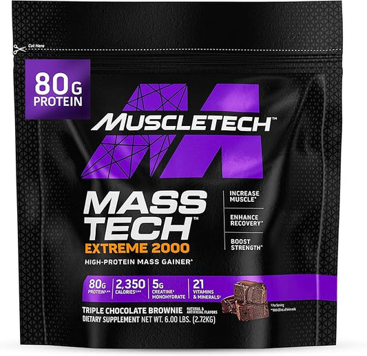 Muscletech High-Protein Mass Gainer (Triple Chocolate Brownie, 6LB) - Mass Tech Extreme 2000 Mass Gainer Protein Powder Supplement - Weight Gainer for Increase Muscle, Enhanced Recovery & Strength