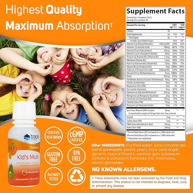 Trace Minerals | Kid's Multi | Liquid Multivitamin Supplement with Vitamin C, Zinc, & Minerals | Supports Healthy Bones and Immunity in Children | Natural Citrus Punch Flavor | 96 Servings, 8 fl oz (2 Pack)