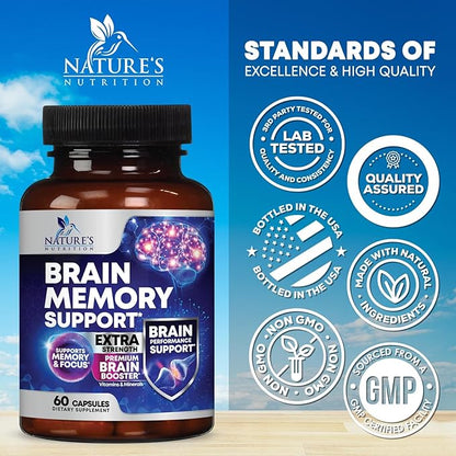 Nootropic Brain Supplements for Memory and Focus - 40 Nootropics & Vitamins to Support Clarity & Concentration, Brain Health Memory Pills with Phosphatidylserine Bacopa Huperzine & DMAE - 60 Capsules