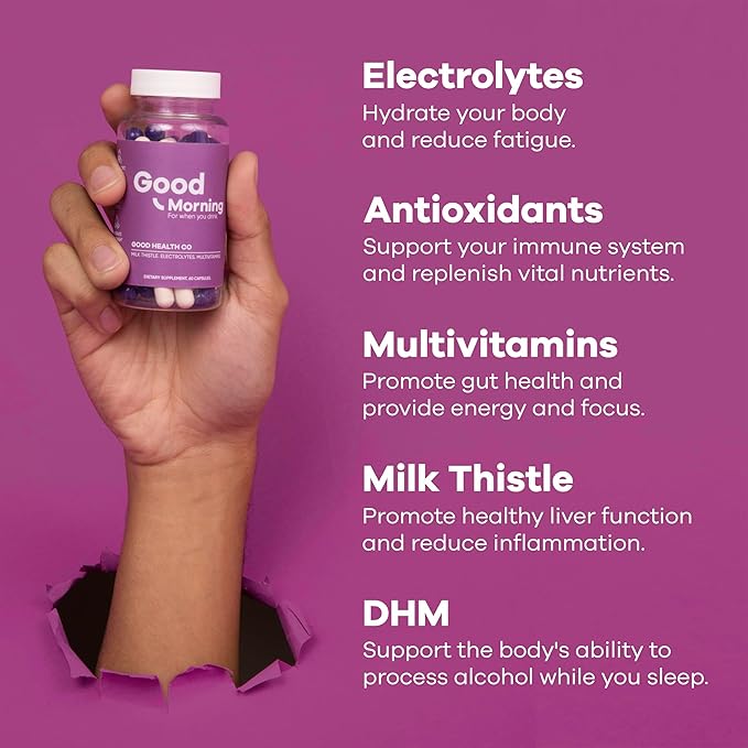 Good Morning - Hangover Pills | Clinically Tested Relief + Liver Support with Electrolytes, Milk Thistle + DHM for Better Morning Recovery. Cheers!