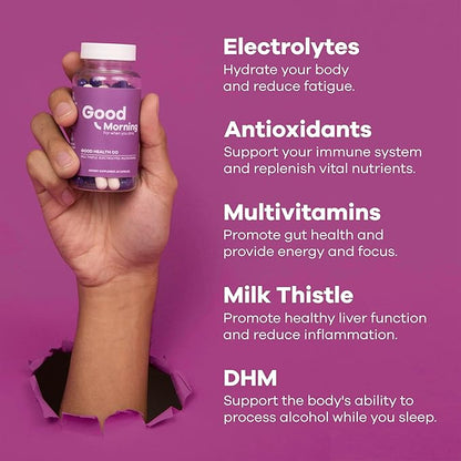 Good Morning - Hangover Pills | Clinically Tested Relief + Liver Support with Electrolytes, Milk Thistle + DHM for Better Morning Recovery. Cheers!