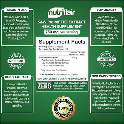 NutriFlair Saw Palmetto Extract 750mg, 120 Capsules - Natural Prostate Supplement & Berry Health Support - Helps Block DHT to Prevent Hair Loss and Helps Reduce Frequent Urination, for Women and Men