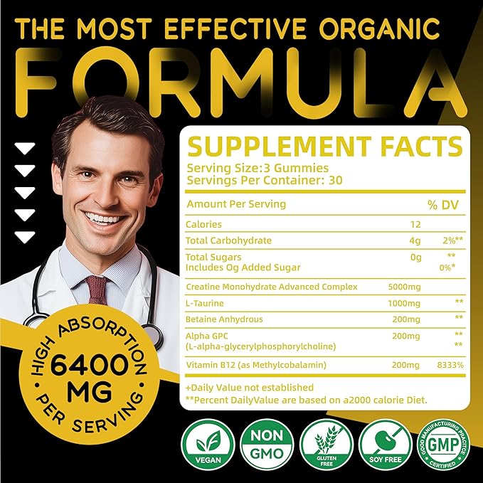 Creatine Monohydrate Gummies Complex 6400mg for Men & Women -Advanced Formula W/L-Taurine + Vitamin B12, Sugar Free Chewable Supplement,90 Pineapple Gummies