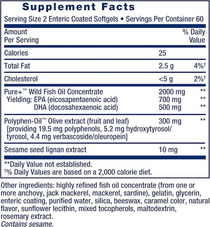 Life Extension Super Omega-3 EPA/DHA Fish Oil, Sesame Lignans & Olive Extract – Heart Health, Brain Health, Inflammation Health Support, Gluten-Free, Enteric-Coated, Non-GMO, 120 Softgels