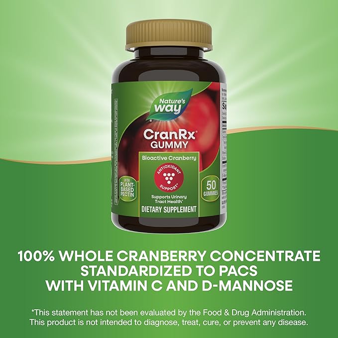 Nature's Way CranRx Cranberry Gummies, Urinary Tract Health Support*, 100% Whole Cranberry Fruit Concentrate with D-Mannose, Vitamin C, 50 Gummies (Packaging May Vary)
