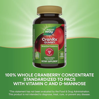 Nature's Way CranRx Cranberry Gummies, Urinary Tract Health Support*, 100% Whole Cranberry Fruit Concentrate with D-Mannose, Vitamin C, 50 Gummies (Packaging May Vary)