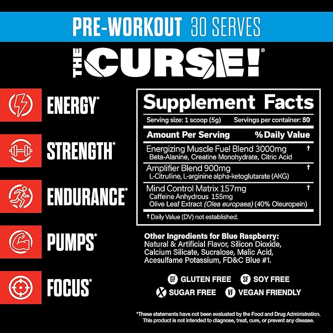 JNX SPORTS The Curse! Pre Workout Powder - Blue Raspberry 30 Servings | Preworkout: Boost Strength, Energy + Focus for Men & Women | Caffeine, Beta-Alanine, Creatine & L-Citrulline