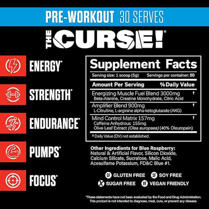 JNX SPORTS The Curse! Pre Workout Powder - Blue Raspberry 30 Servings | Preworkout: Boost Strength, Energy + Focus for Men & Women | Caffeine, Beta-Alanine, Creatine & L-Citrulline
