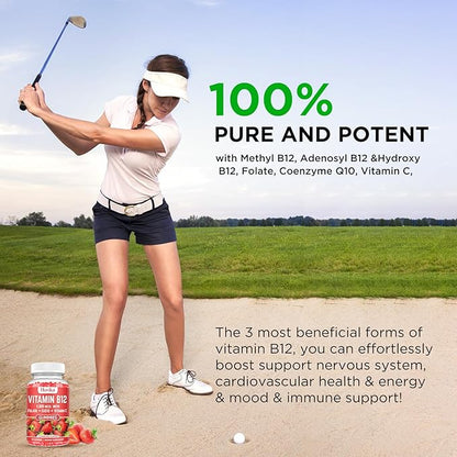 Vitamin B12 Complex 5000 mcg Methyl B12, Adenosyl B12 & Hydroxy B12, with Coenzyme Q10, Folate, Vitamin C, Chewable B 12 for Energy Support, Metabolism, Bone Health - Strawberry Flavor, 2 Pack