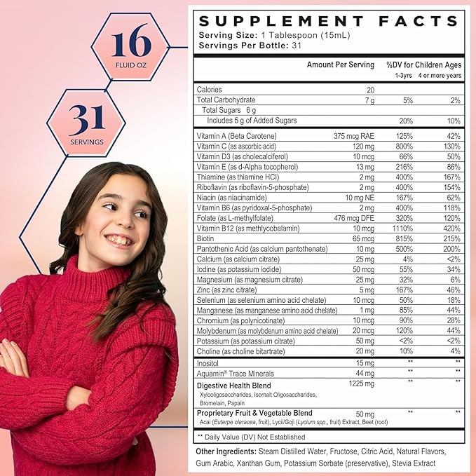 Best Nest Wellness Kids Multi Plus - Brain Health Support Supplement for Kids - Liquid Multivitamin with Methylated Vitamins - Nutritional Supplement Aids Immune Health - Tropical Flavor, 16 fl oz