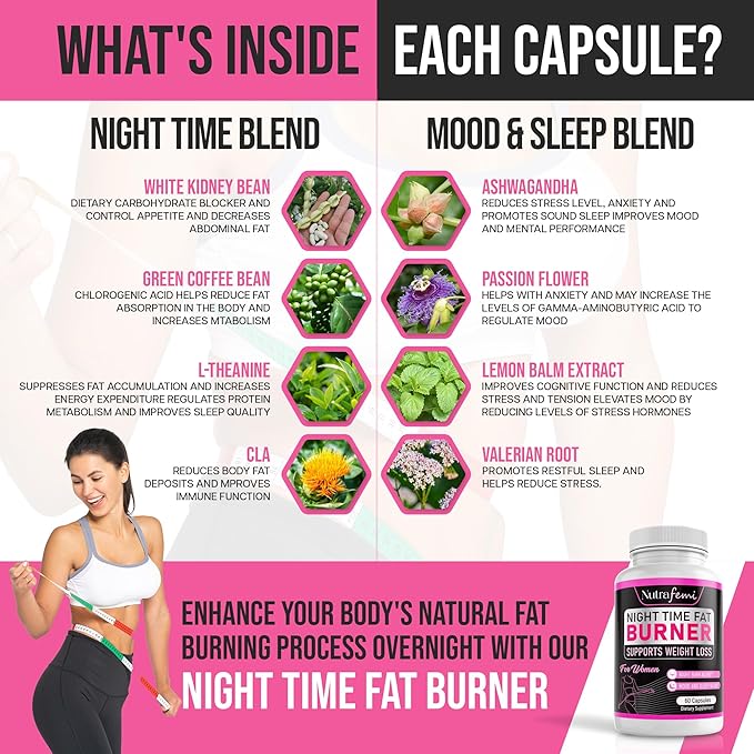 Fat Burners for Women Weight Loss - Night Time Fat Burner with Carb Blocker & Appetite Suppressant - Belly Fat Burner & Thermogenic Metabolism Booster - NSF Approved, 60 Capsules