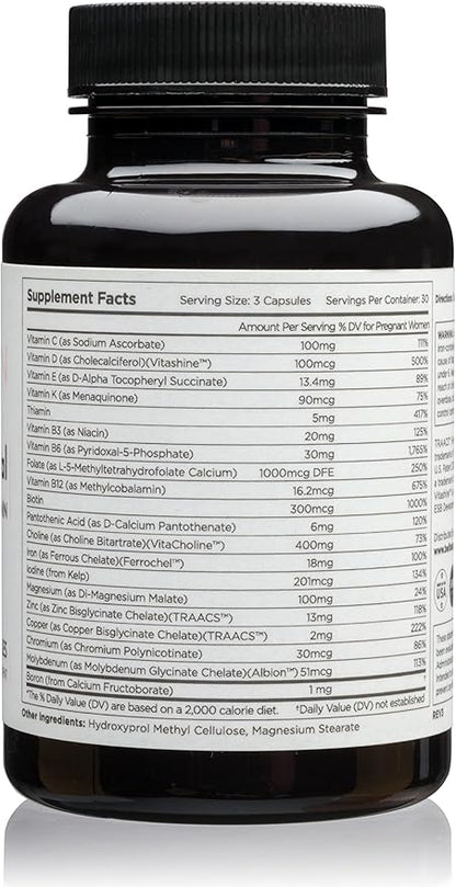 Beli Women Prenatal Multivitamin, for All Stages of Pregnancy, 400mg Choline, Folate, Vitamin D. Supports Egg Quality and Fertility, Gluten & Allergen Free, 90 Vegan Capsules (30-Day Supply)