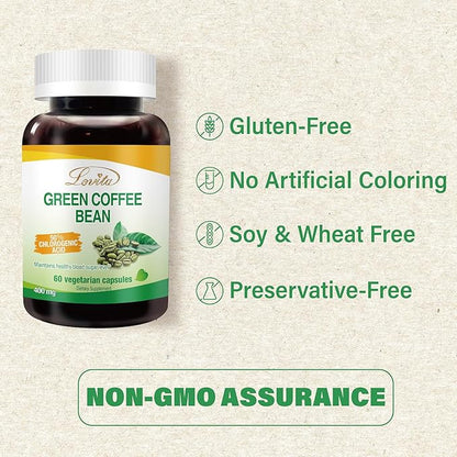 Lovita Green Coffee Bean Extract: Natural Antioxidant, High Potency - 1600mg Equivalent, 50% Chlorogenic Acid, Vegan-Friendly Dietary Supplement - 60 Capsules