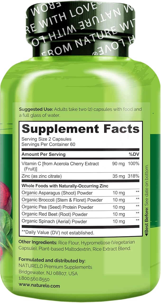 NATURELO Vegan Zinc Immune Support Capsules - Whole Food Complex with Vitamin C for Healthy Skin, Hair, and Nails - 120 Capsules (2 Pack)