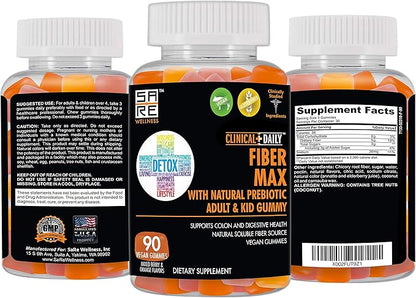 CLINICAL DAILY Fiber Max, Vegan High Fiber Gummies for Adults & Kids. Constipation Relief for Adults and Kids. Prebiotic Inulin Fiber Supplement Gummies. 90 Gluten-Free Laxative Gummies for Gut Repair