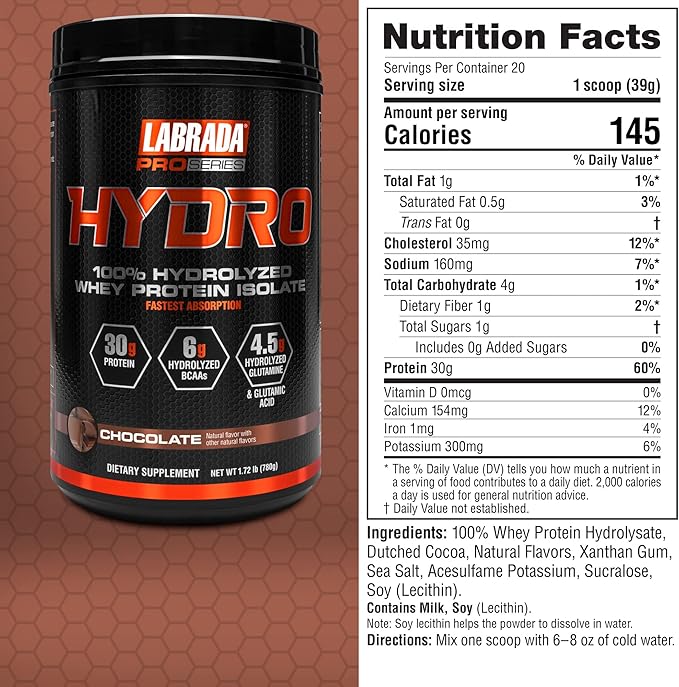 Labrada Hydro 100% Pure Hydrolyzed Whey Protein Isolate Powder, Lactose Free, Fastest Digesting, Instant Mixing,Delicious Taste 20 Servings(Chocolate)