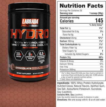Labrada Hydro 100% Pure Hydrolyzed Whey Protein Isolate Powder, Lactose Free, Fastest Digesting, Instant Mixing,Delicious Taste 20 Servings(Chocolate)
