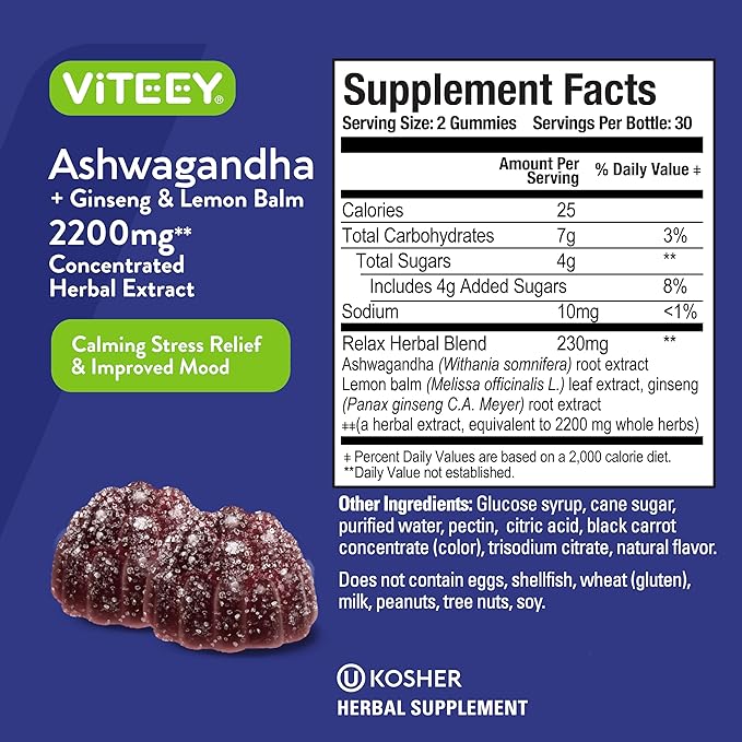 Ashwagandha Supplements Gummies with Ginseng & Lemon Balm Herbal Extract - Ashwagandha Gummies for Calm, Relax, Restore, Unwind - Vegan, Gelatin Free, Gluten Free - Tasty Chewable Berry Flavored