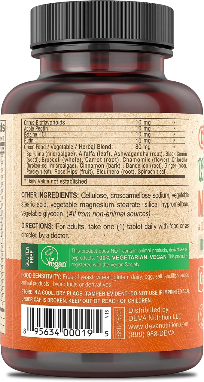 DEVA Vegan Multivitamin & Mineral Supplement Iron-Free - Vegan Formula with Green Whole Foods, Veggies, and Herbs - High Potency - 100% Vegan - 90 Count (Pack of 1)