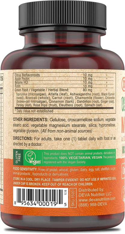 DEVA Vegan Multivitamin & Mineral Supplement Iron-Free - Vegan Formula with Green Whole Foods, Veggies, and Herbs - High Potency - 100% Vegan - 90 Count (Pack of 1)