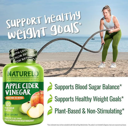 NATURELO Apple Cider Vinegar Capsules - Natural ACV with Mother Supplement for Men & Women for Detox, Cleanse and Weight Management - 120 Vegan Capsules