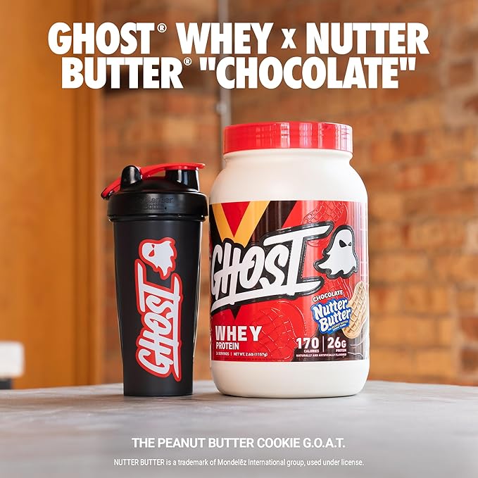 GHOST Whey Protein Powder, Nutter Butter Chocolate - 2LB Tub, 26G of Protein - Chocolate Peanut Butter Cookie Flavored Isolate, Concentrate & Hydrolyzed Whey Protein Blend