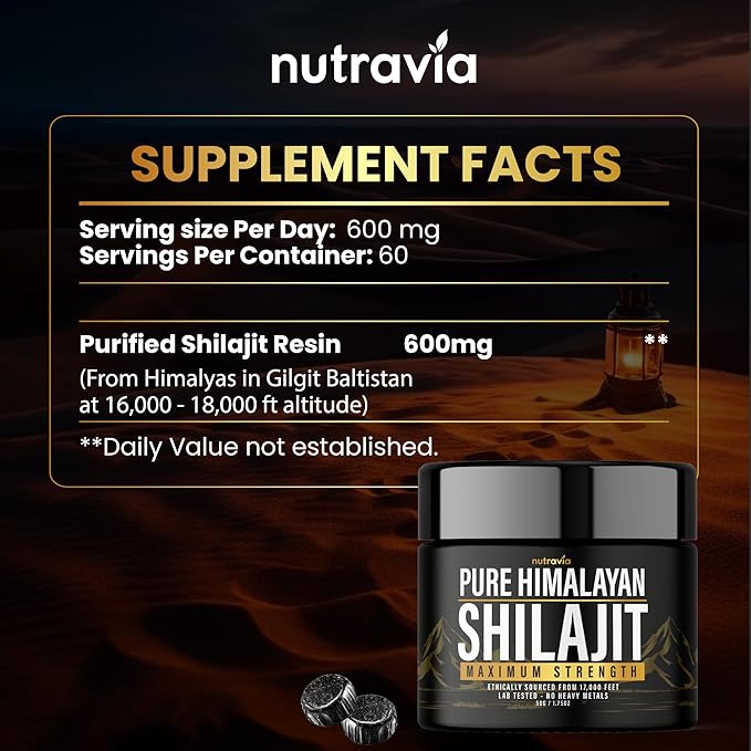 Shilajit Pure Himalayan Organic Resin - Natural Authentic Lab Tested Formula for Men, Women - No Heavy Metals - 600mg Max Strength with 85+ Trace Minerals Golden Grade Shilajit Supplement (1 Pack)