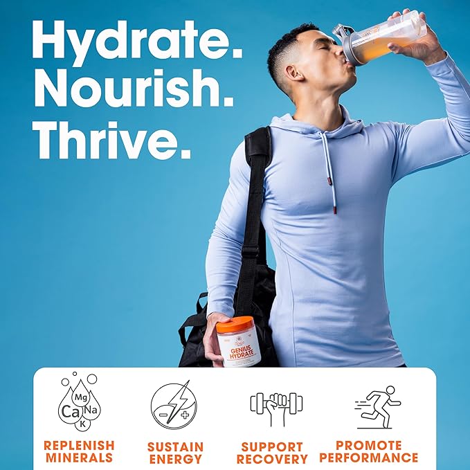 Genius Hydrate Powder Drink Mix Sour Peach Rings 50 Servings Natural Electrolyte Hydration Booster Endurance Supplement with Coconut Water Potassium Magnesium Zinc Sugar Free No Artificial Sweeteners