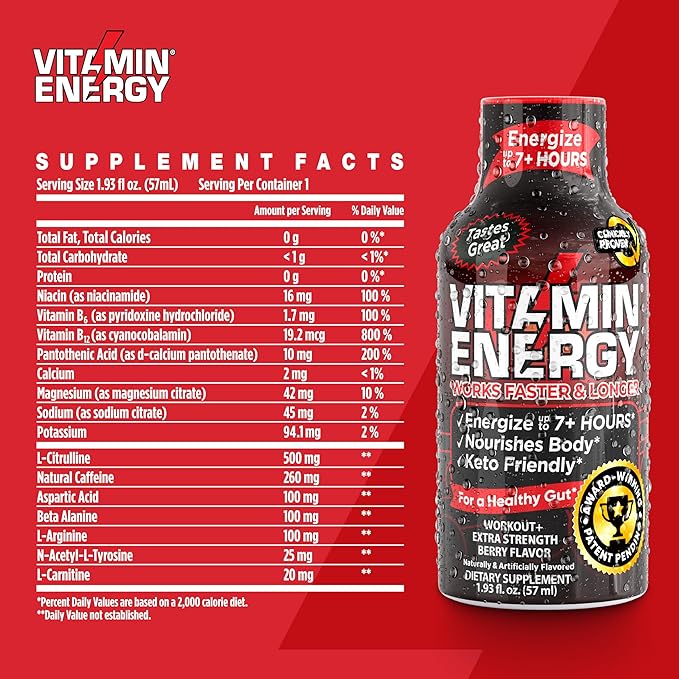 Pre Workout Vitamin Energy Drink - Keto Friendly Sugar Free Shots | Natural Clean Green Tea Caffeine with Proprietary Endurance Blend | Energize up to 7+ Hours - Berry - 1.93 Fl Oz (Pack of 48)