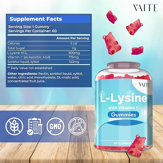 L-Lysine 800mg Gummies with Vitamin C - Supports Skin, Lip, Vegan, Gluten Free, 60 Chewable Lysine for Adults, Vitamins Tissue Health & Immune System, Amino Acid & Complex Supplements, Non-GMO