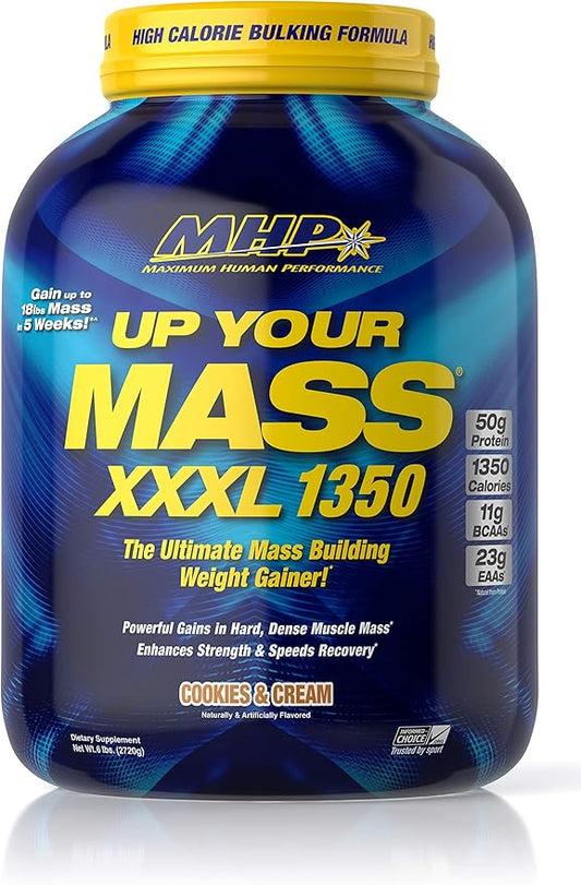 Maximum Human Performance MHP UYM XXXL 1350 Mass Building Weight Gainer, Muscle Mass Gains, w/50g Protein, High Calories, 11g BCAAs, Leucine, Cookies & Cream, 8 Servings, 6lb