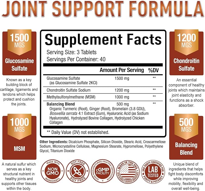 Purely Optimal Glucosamine Chondroitin MSM Supplement w/Turmeric & Boswellia - Glucosamine Sulfate Joint Supplement for Men & Women - 120 Tablets