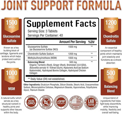 Purely Optimal Glucosamine Chondroitin MSM Supplement w/Turmeric & Boswellia - Glucosamine Sulfate Joint Supplement for Men & Women - 120 Tablets